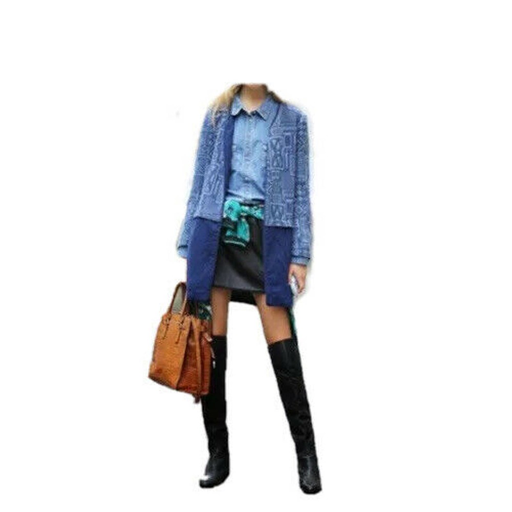 ZARA Basics Women Jacquard Denim Aztecc Open Front Coat Long Jacket Size M